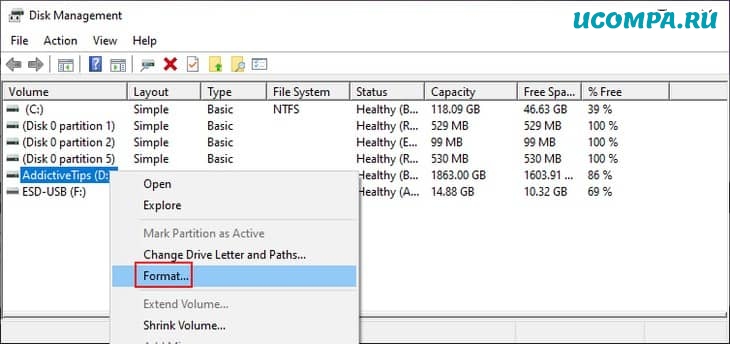 Windows показывает, как отформатировать диск с помощью управления дисками